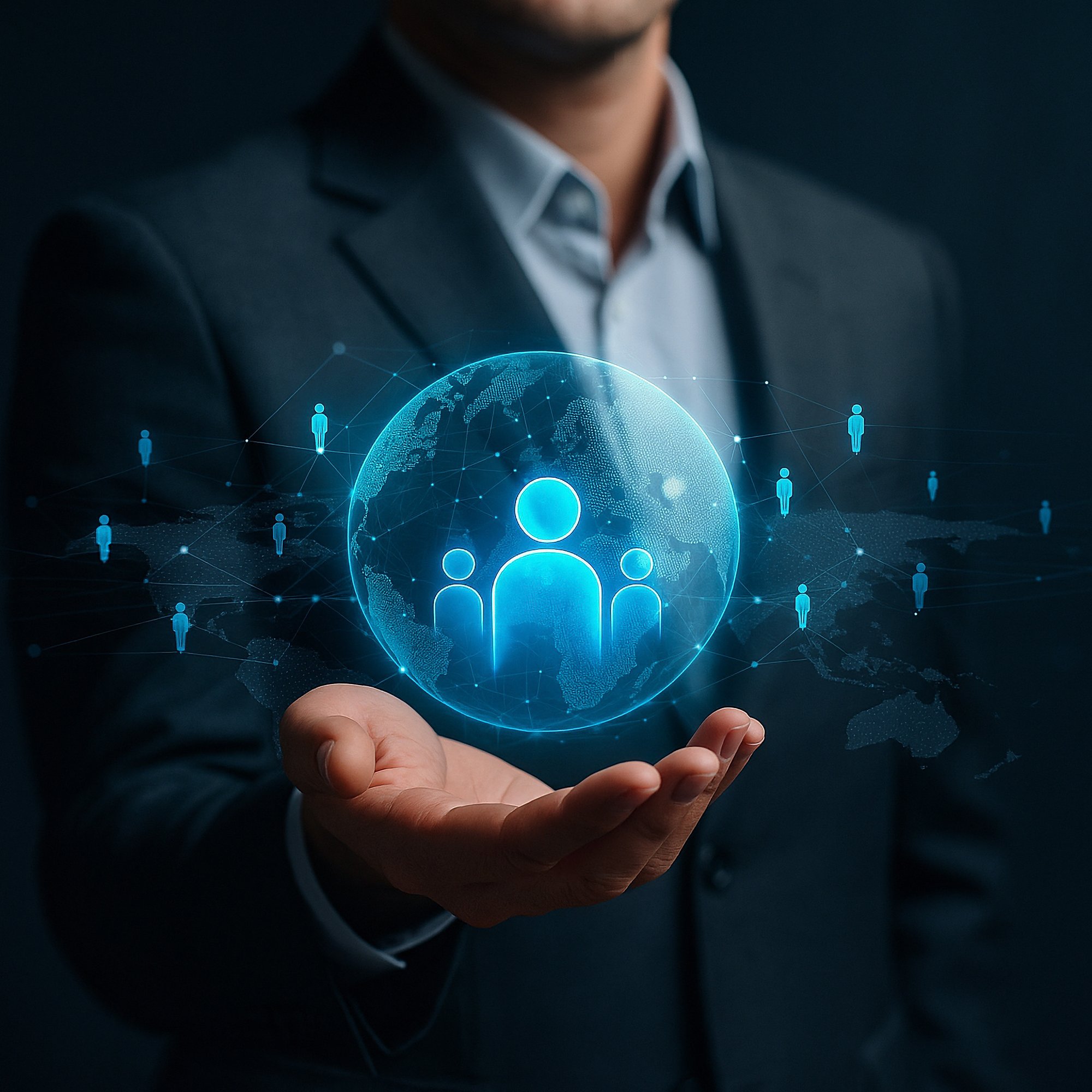 Man holding globe of people